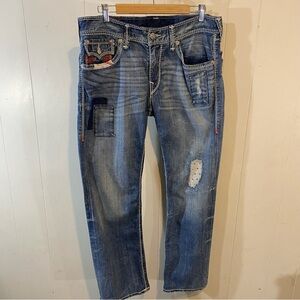 True Religion Jeans 112790 World Tour Straight Leg T Red Patchwork SZ 34 X 30